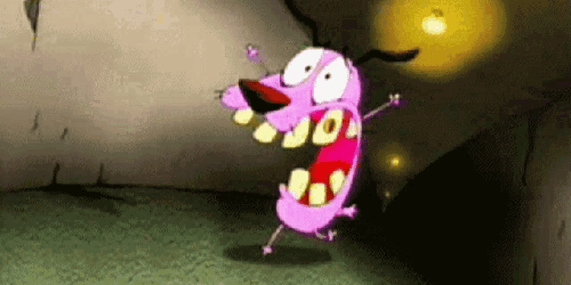 courage the cowardly dog from the courage the cowardly dog cartoon is standing in a dark room with his mouth open .