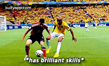 two soccer players are playing soccer on a field and one of them is saying `` has brilliant skills '' .