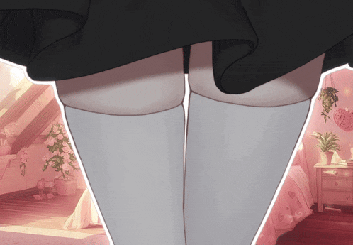 a girl in a black skirt and white knee high socks stands in a pink bedroom