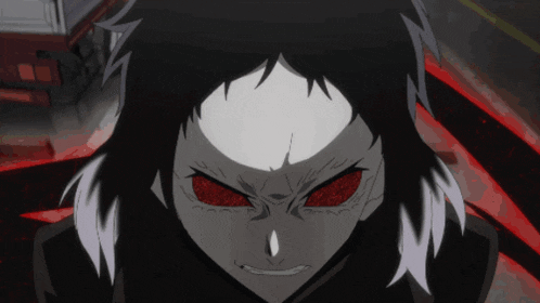 a close up of a person 's face with red eyes and black hair