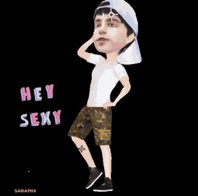 a boy in a white hat and camo shorts says hey sexy on a black background