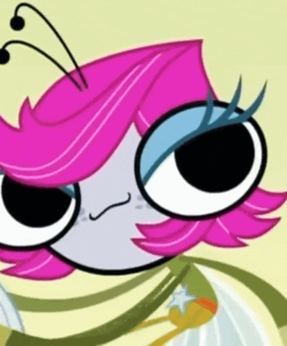 a cartoon character with pink hair and blue eyebrows