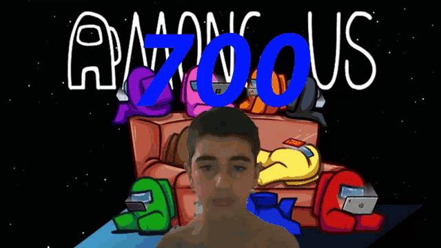 a shirtless boy stands in front of an among us logo