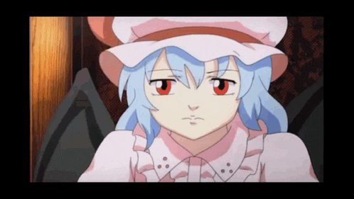 a girl with blue hair and red eyes wearing a white hat