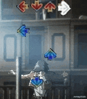 a pixel art of a man standing in front of a building with arrows pointing in different directions