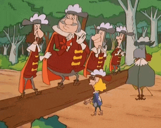 a group of cartoon characters are standing on a log in the woods