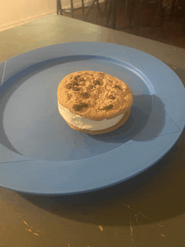 a cookie on a blue plate that looks like a sandwich