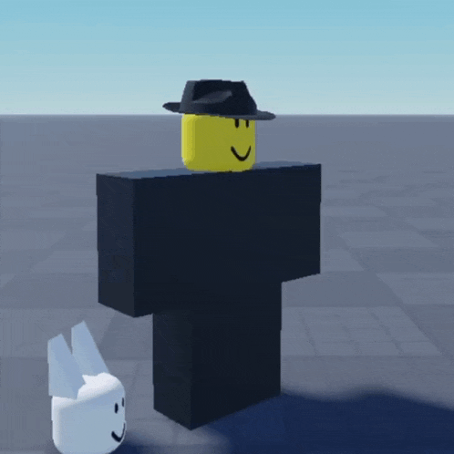 a roblox character wearing a black hat stands next to a white face