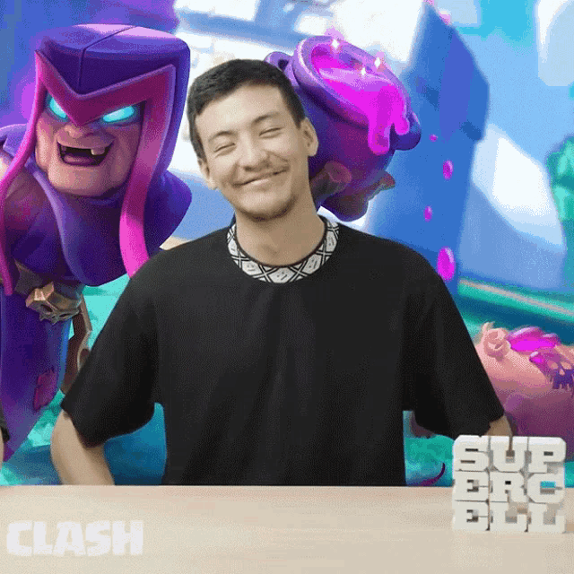 a man in a black shirt is smiling in front of a clash poster