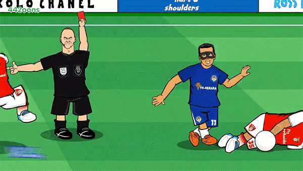 a cartoon of a referee giving a red card to a player wearing a mask