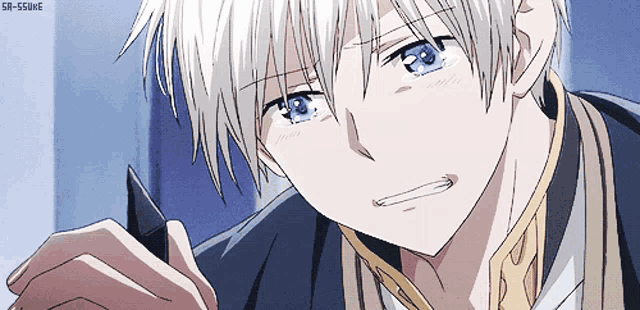 a boy with white hair and blue eyes is looking at something