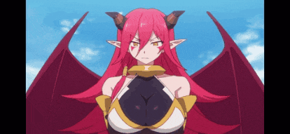 a cartoon character with red hair and horns has a x on her chest
