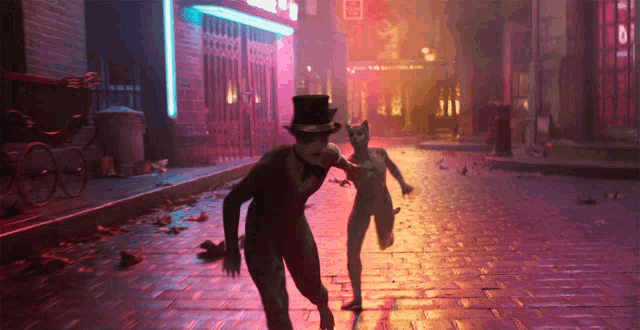a man in a top hat is running with a cat on the street