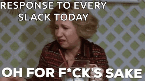 a woman is sitting at a table with a straw in her mouth and the words " response to every slack today "