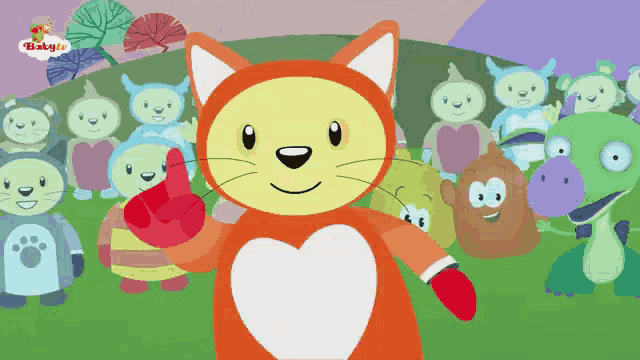 a cartoon of a cat giving a thumbs up in front of a group of stuffed animals