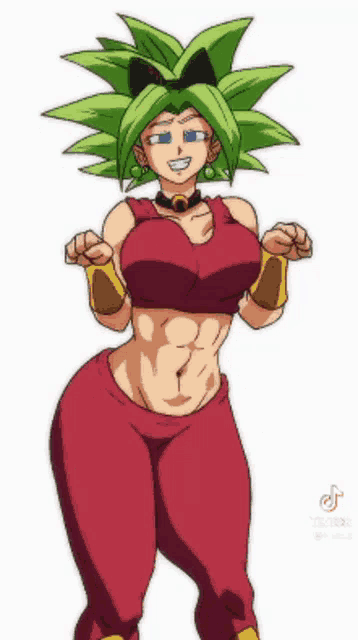 a cartoon character with green hair and red pants