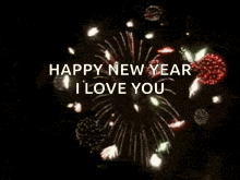 a fireworks display with the words `` happy new year i love you '' written on it .