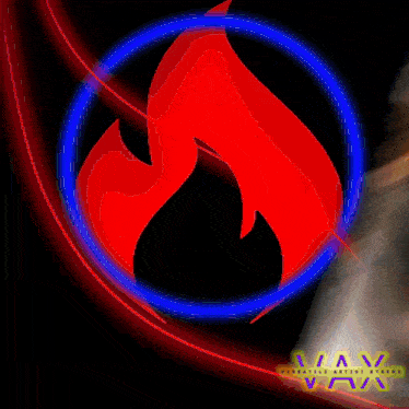 a red flame is surrounded by a blue circle and the word vax is on the bottom right