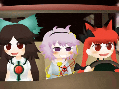 three cartoon characters are sitting in a car and one of them has a red tail