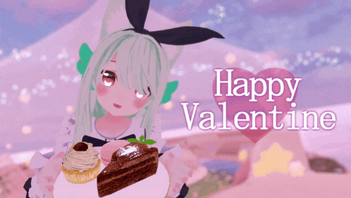 a happy valentine card with a girl holding cupcakes and a cake