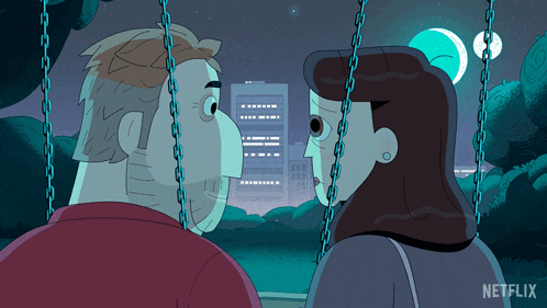 a cartoon of a man and a woman looking at each other with netflix written on the bottom