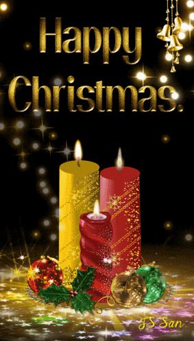 a happy christmas greeting card with candles and decorations