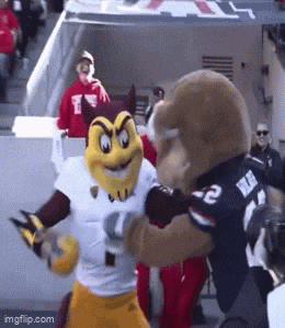 two mascots are standing next to each other and one of them has the number 2 on his jersey
