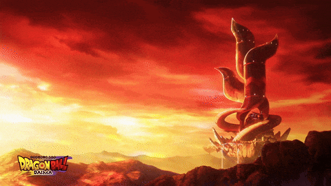 a poster for dragon ball shows a sunset and mountains
