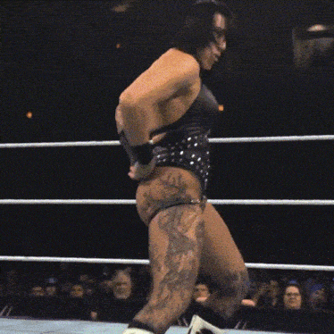 a woman in a bikini is standing in a ring with her back to the camera