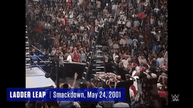 a man is standing on a ladder in front of a crowd .