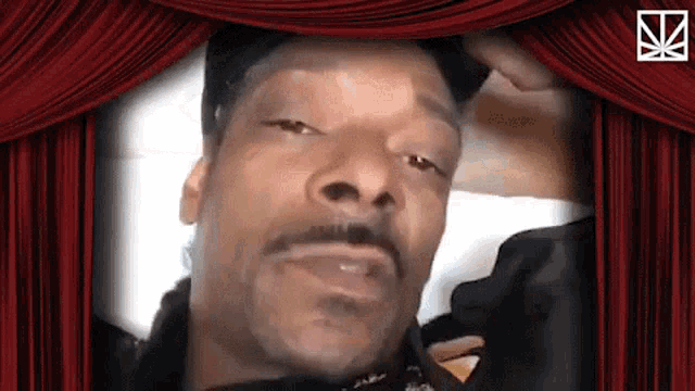a close up of snoop dogg 's face with a red curtain behind him .