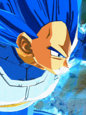 a close up of a cartoon character with blue hair and white armor