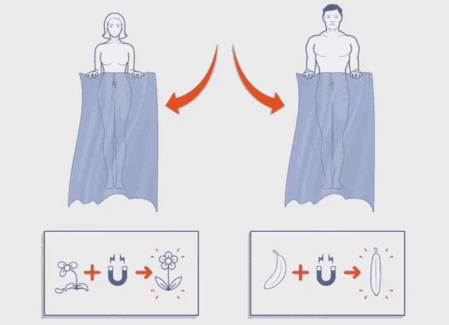 a man and a woman are wrapped in a blue towel with magnets attached to them