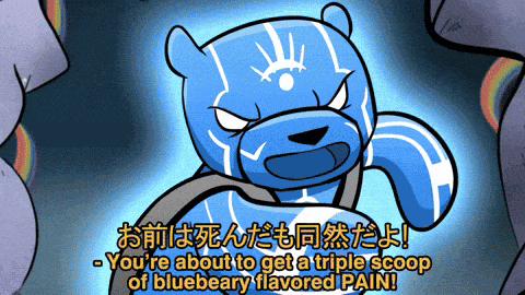 a cartoon of a blue bear says you 're about to get a triple scoop of bluebear flavored pain