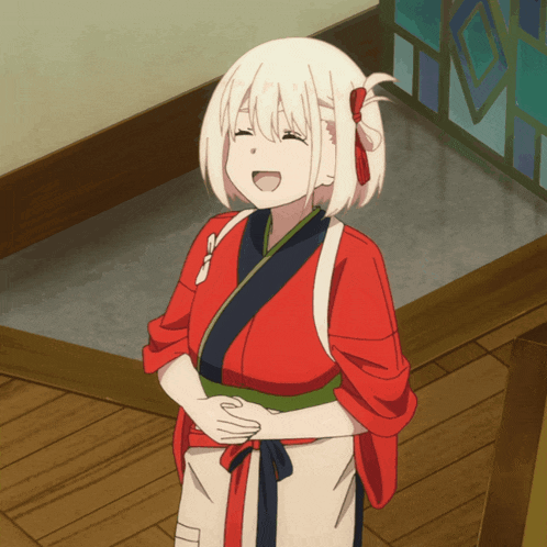 a girl with white hair is wearing a red and white outfit