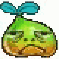 a pixel art of a pear with a sad face and a blue leaf .