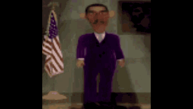 a man in a purple robe is standing in front of a flag .