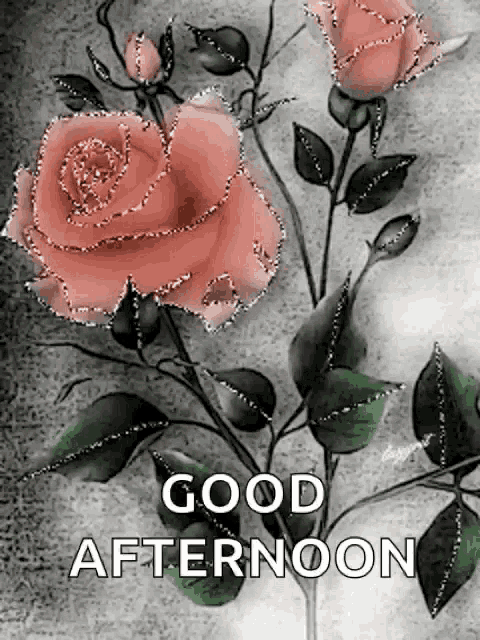 a good afternoon greeting card with roses and green leaves