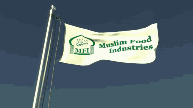 a white and green muslim food industries flag flies in the wind