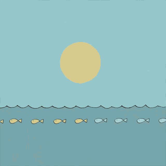a cartoon of fish swimming in the ocean with a balloon in the sky