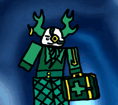 a drawing of a cartoon character with antlers holding a briefcase with a cross on it