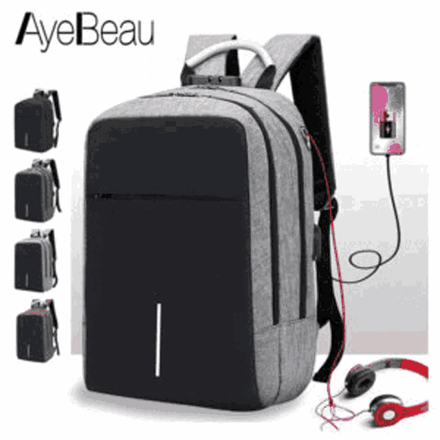 a black and grey backpack with headphones and a cell phone plugged into it .