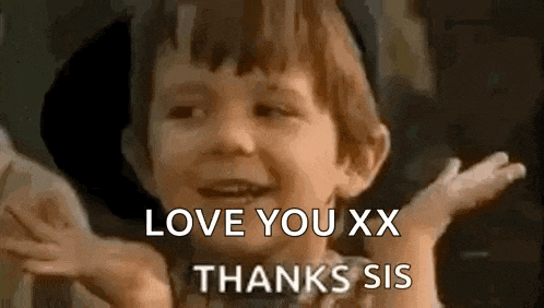a young boy is making a funny face and saying `` love you xx thanks sis '' .