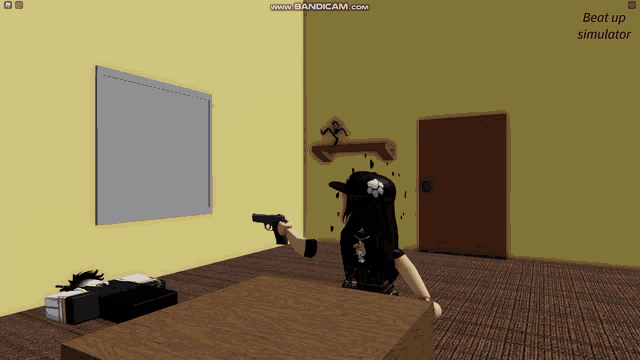 a girl holding a gun in a room with the words beat up simulator on the screen