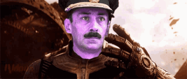 a man in a military uniform with a purple face and mustache