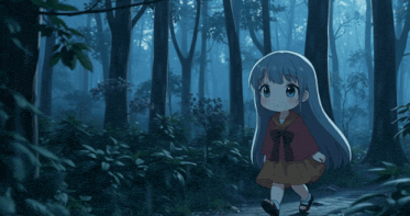 a little girl with long blue hair is standing in the middle of a forest