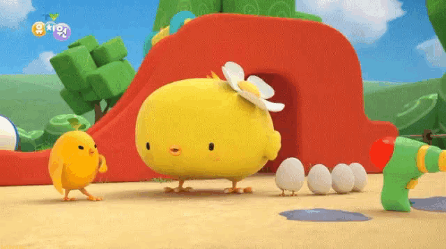 a yellow chicken with a flower on its head is standing next to eggs and a green toy gun