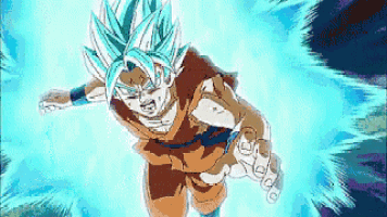 a cartoon character with blue hair is flying through the air with a blue light behind him .