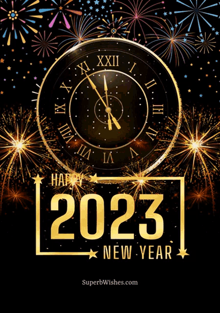 a new year greeting card with a clock and fireworks and the year 2023