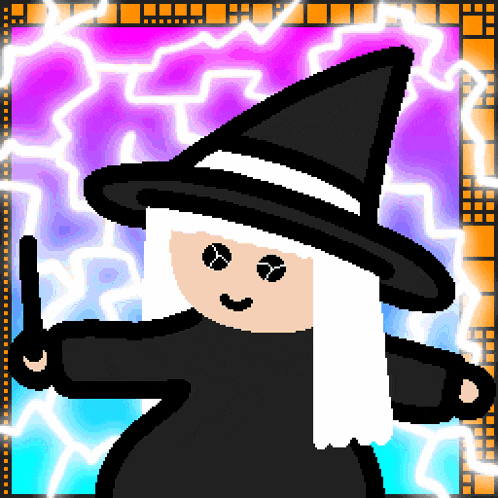 a pixel art drawing of a witch with white hair